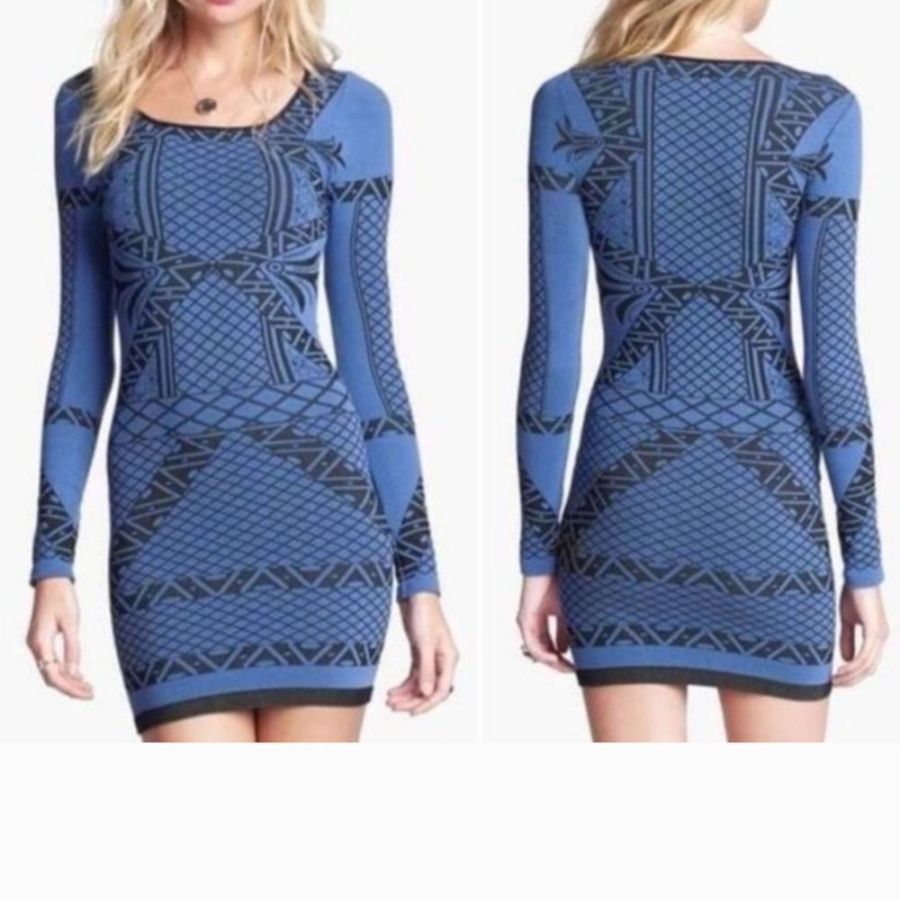 FREE PEOPLE INTIMATELY Blue Geometric Patterned Long Sleeve Bodycon Dress Medium